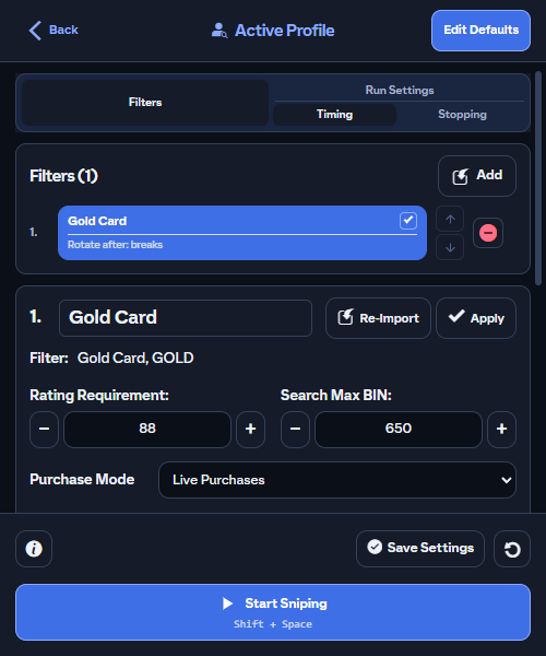 FUTPilot sniping profile with filter rotation, maximum BIN and purchase mode controls