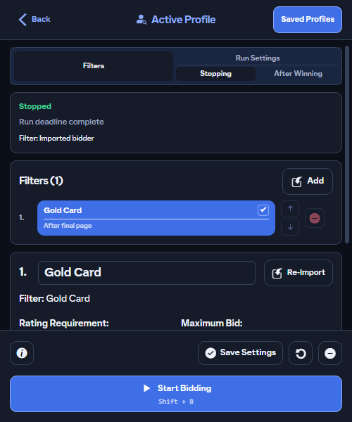 FUTPilot bidding profile showing player filters and run settings
