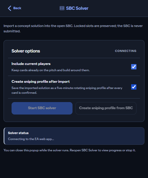 FUTPilot SBC solver with Include current players and Create sniping profile after import options